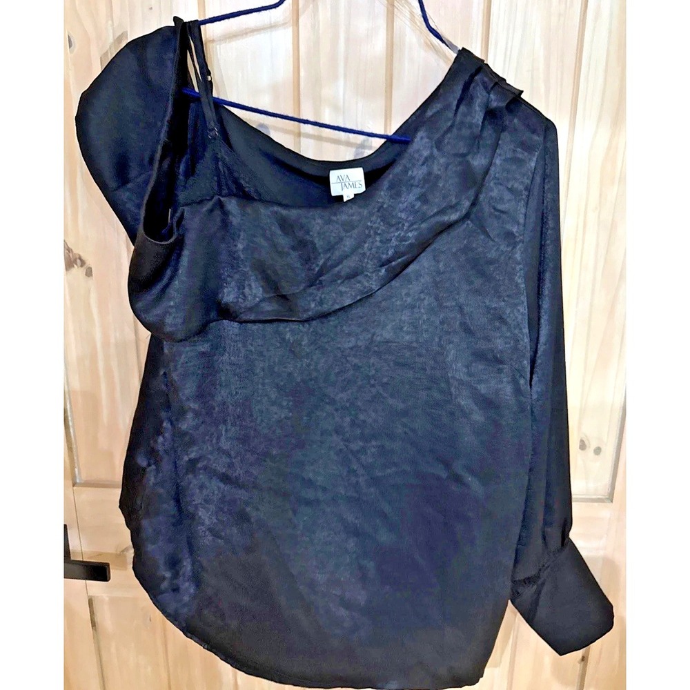 NWT Ava James Womens XL Black One Shoulder Asymmetrical Draped Blouse Top